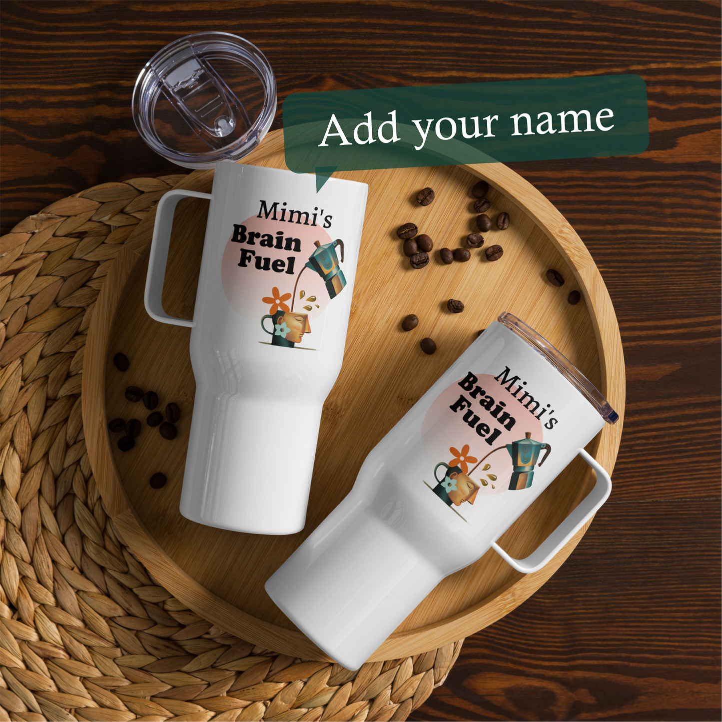 Personalizable Travel mug with a handle | Brain Fuel Pink
