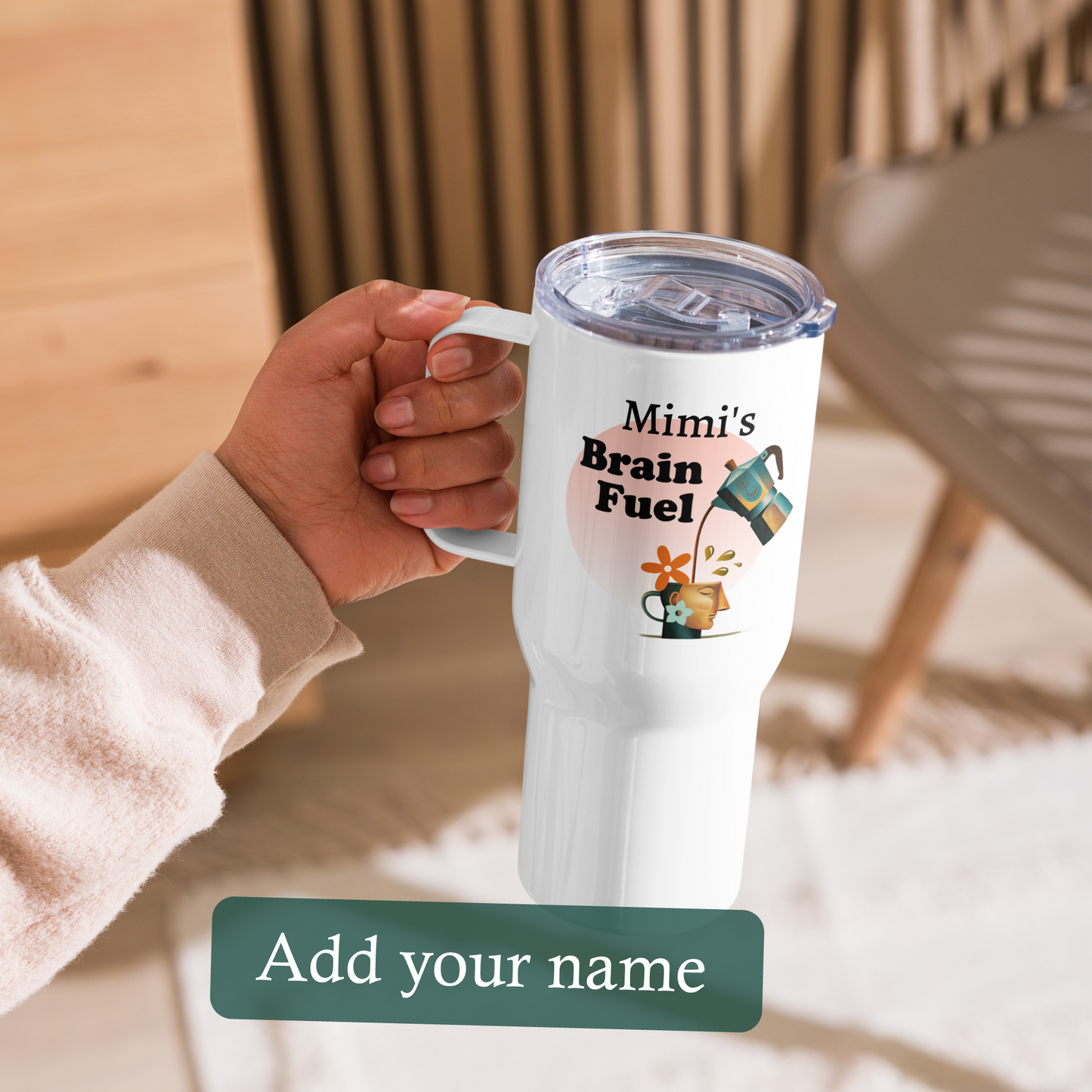 Personalizable Travel mug with a handle | Brain Fuel Pink