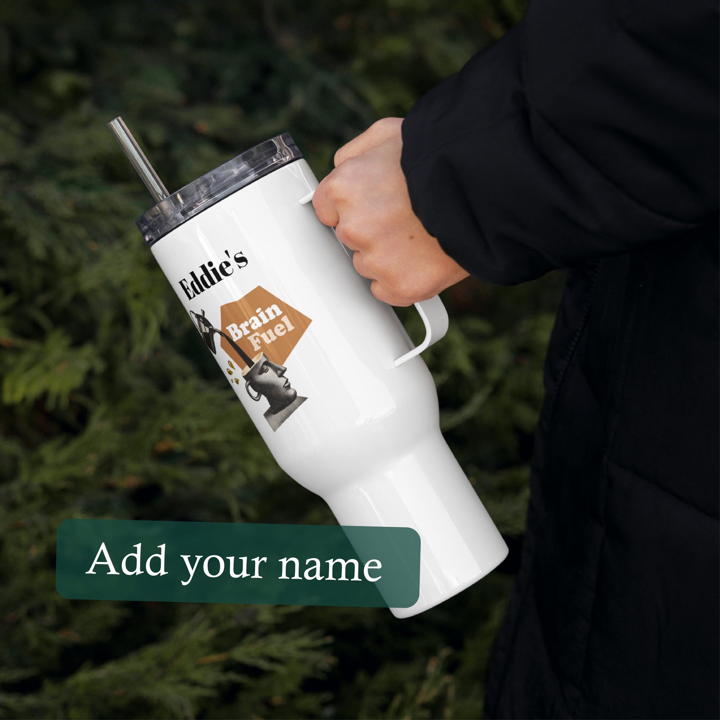 Personalizable Travel mug with a handle | Brain Fuel Brown